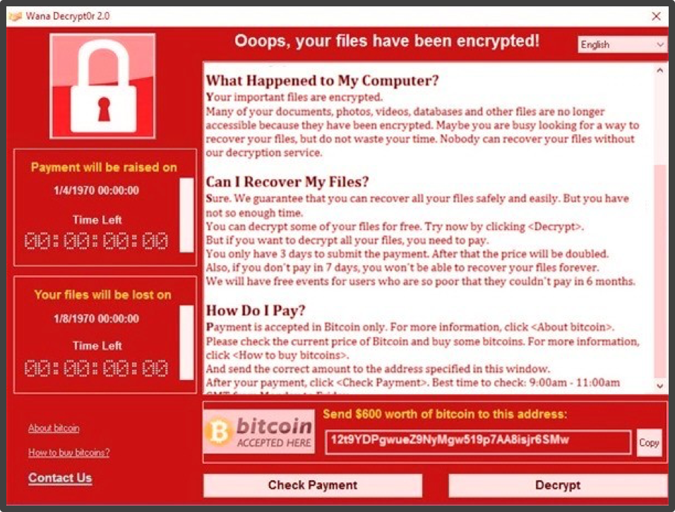 WannaCry detedcted screenshot: Ooops, your files have been enctypted!